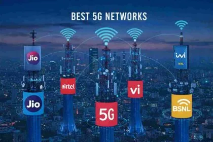Featured image for India’s best 5G networks in 2025, showcasing a futuristic Indian cityscape at dusk with skyscrapers, 5G towers branded with Jio, Airtel, Vi, and BSNL logos, people using 5G devices, and blue neural network visuals symbolizing AI optimization