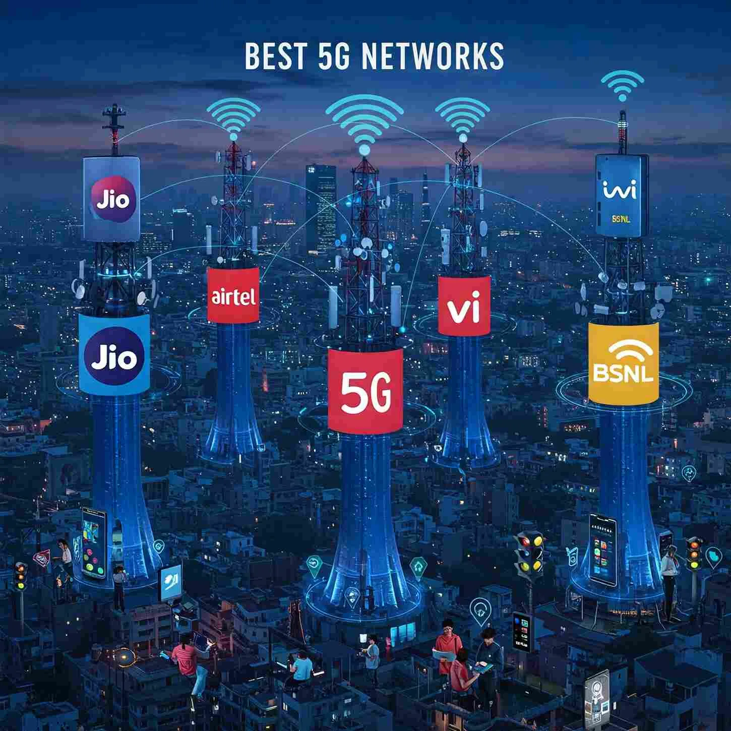 Featured image for India’s best 5G networks in 2025, showcasing a futuristic Indian cityscape at dusk with skyscrapers, 5G towers branded with Jio, Airtel, Vi, and BSNL logos, people using 5G devices, and blue neural network visuals symbolizing AI optimization