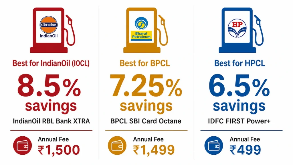 Comparison of top fuel credit card savings rates for IndianOil, BPCL, and HPCL.