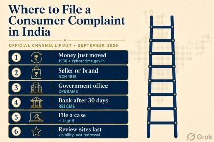 Six-step official ladder for filing a consumer complaint in India, September 2026: 1930 and cybercrime.gov.in, NCH 1915, CPGRAMS, RBI CMS, e-Jagriti, review sites last