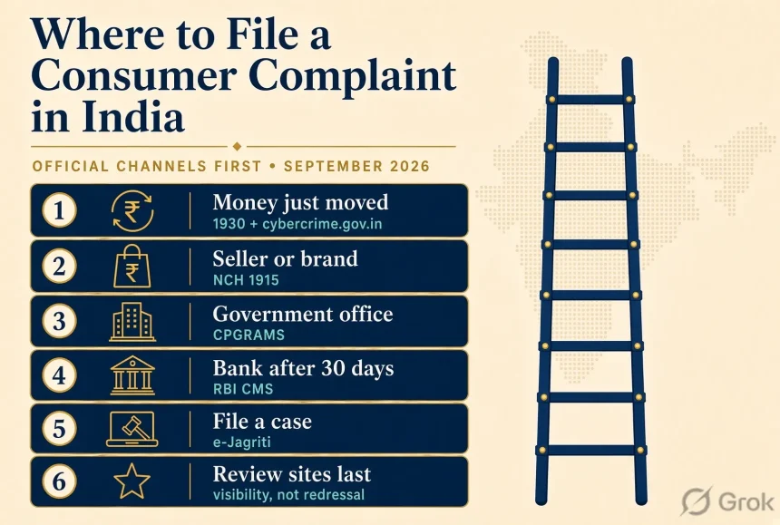 Six-step official ladder for filing a consumer complaint in India, September 2026: 1930 and cybercrime.gov.in, NCH 1915, CPGRAMS, RBI CMS, e-Jagriti, review sites last